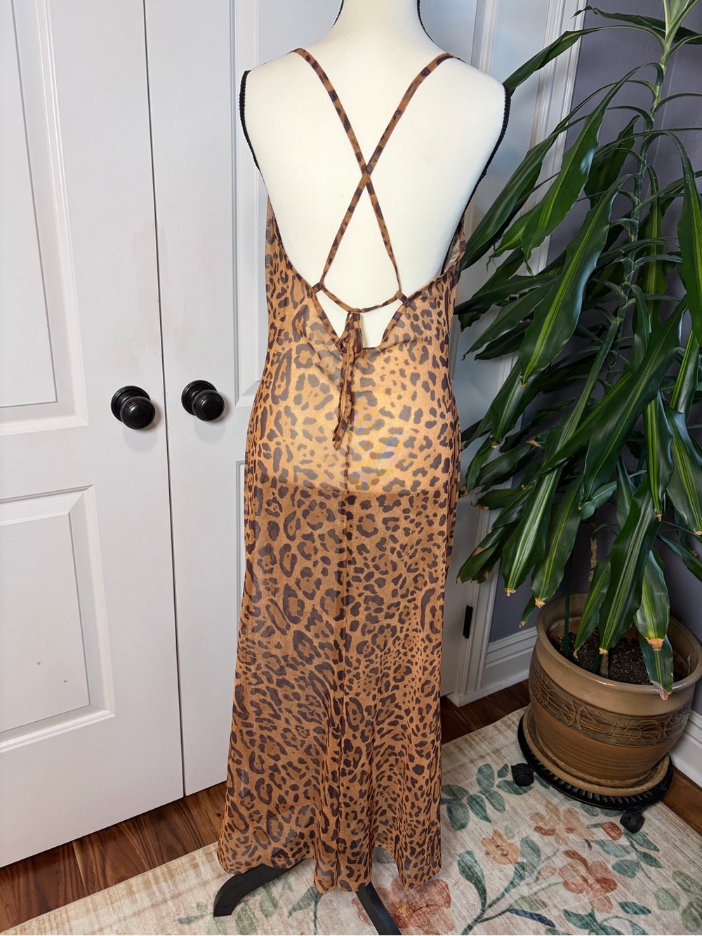Sheer Mesh Leopard Print Cami Maxi Dress Body-con with Strap Back - Picture 8 of 10
